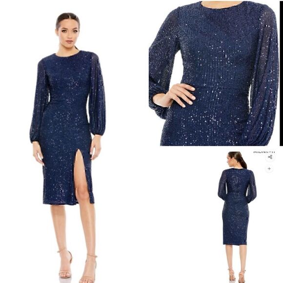 NWT Mac Duggal Midnight Blue “Sequined Puff Sleeve High Neck Dress 18 - Picture 1 of 8
